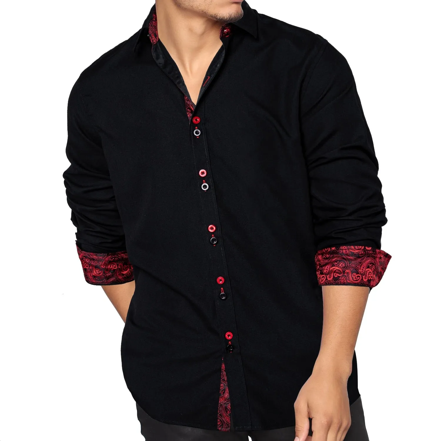 Men's Long Sleeve Cotton Paisley Color Contrast Shirt Regular-fit Button-down Collar Casual Black Shirt