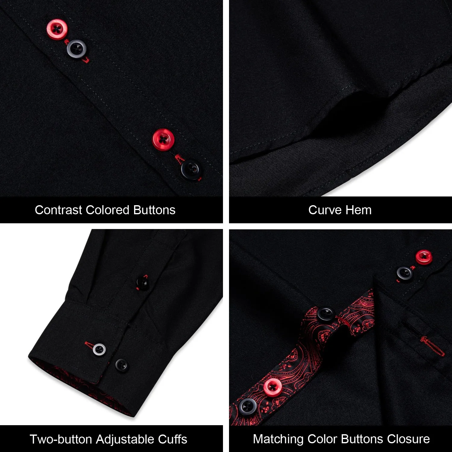 Men's Long Sleeve Cotton Paisley Color Contrast Shirt Regular-fit Button-down Collar Casual Black Shirt