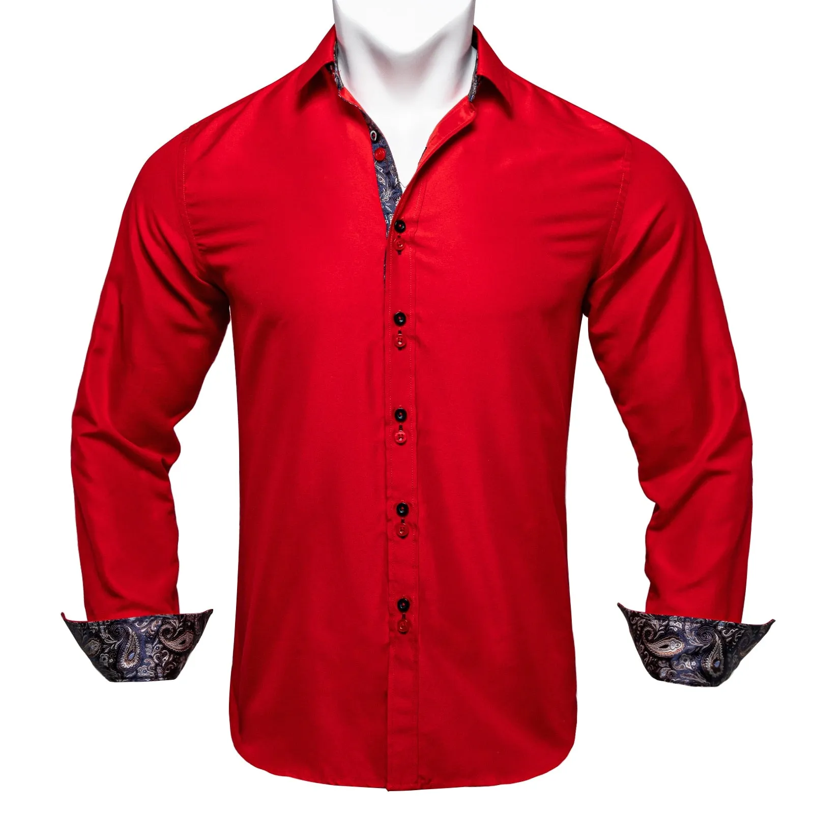 Men's Long Sleeve Cotton Paisley Color Contrast Shirt Regular-fit Button-down Collar Casual Black Shirt