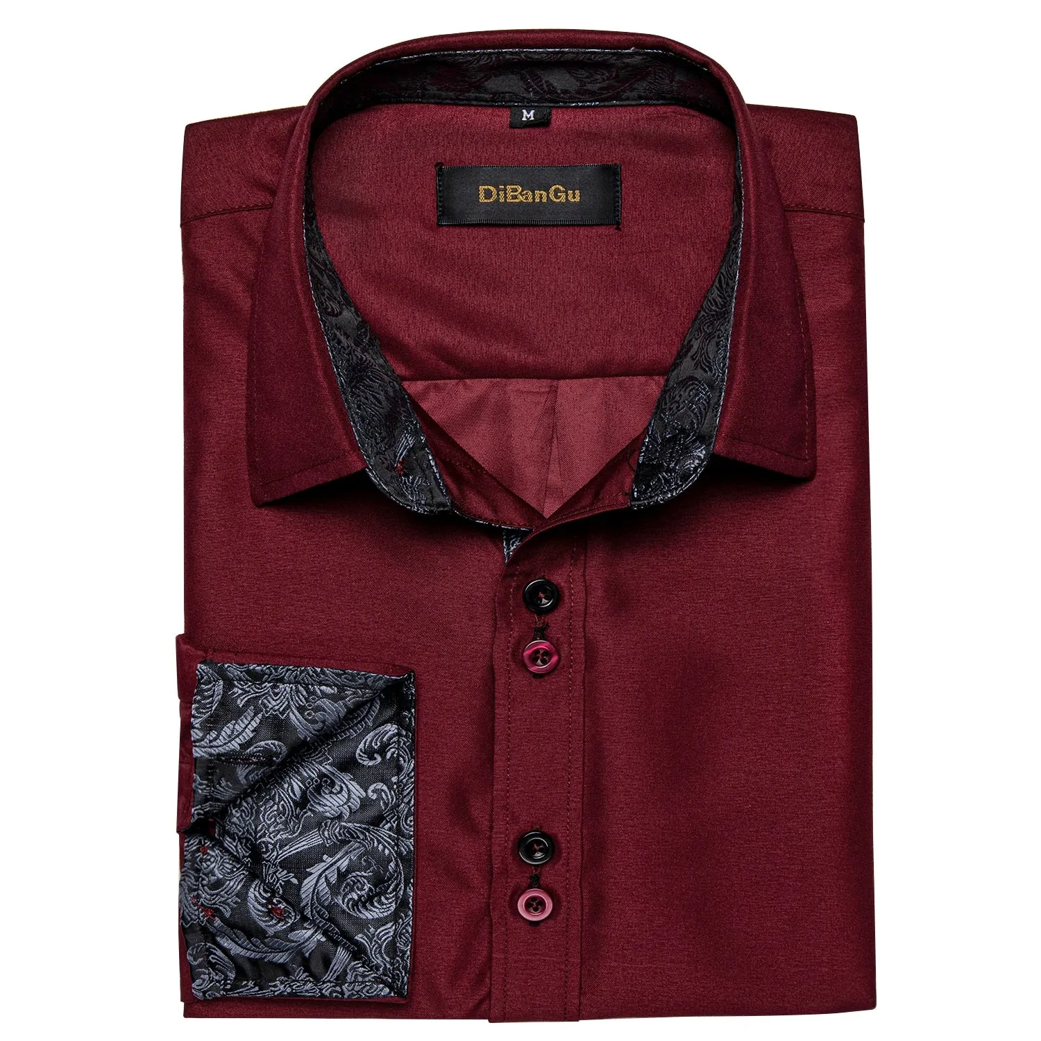 Men's Long Sleeve Cotton Paisley Color Contrast Shirt Regular-fit Button-down Collar Casual Black Shirt