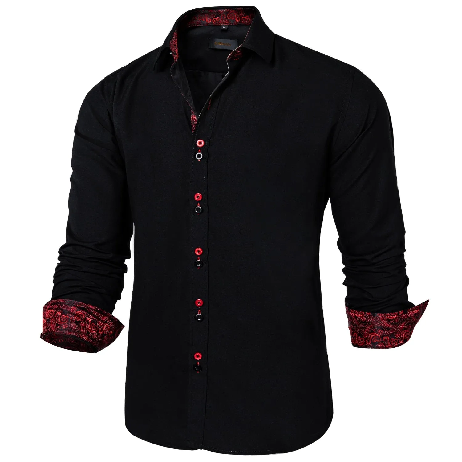 Men's Long Sleeve Cotton Paisley Color Contrast Shirt Regular-fit Button-down Collar Casual Black Shirt