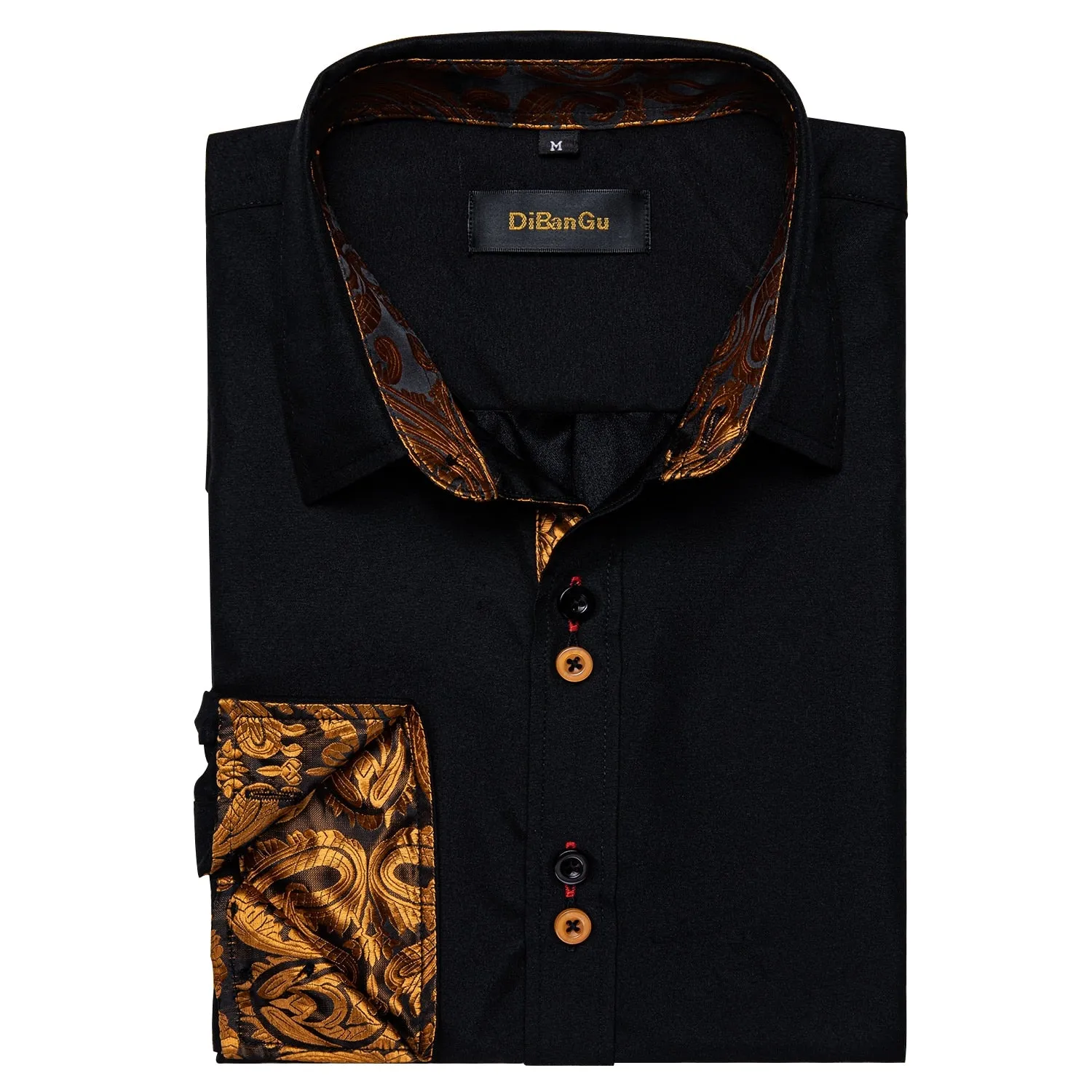 Men's Long Sleeve Cotton Paisley Color Contrast Shirt Regular-fit Button-down Collar Casual Black Shirt