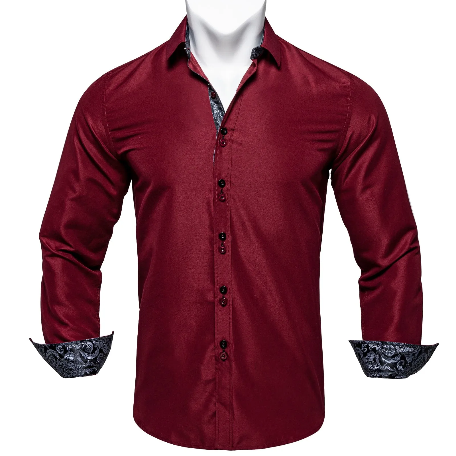 Men's Long Sleeve Cotton Paisley Color Contrast Shirt Regular-fit Button-down Collar Casual Black Shirt