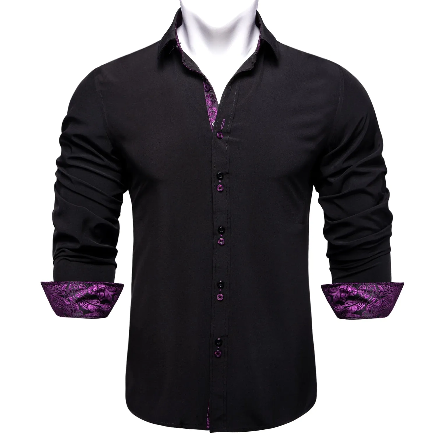 Men's Long Sleeve Cotton Paisley Color Contrast Shirt Regular-fit Button-down Collar Casual Black Shirt