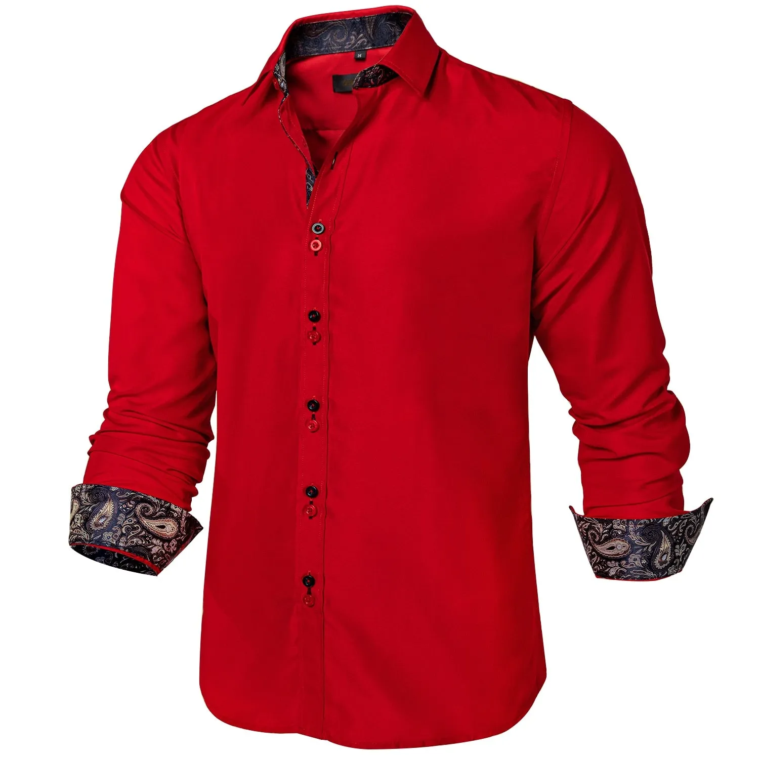 Men's Long Sleeve Cotton Paisley Color Contrast Shirt Regular-fit Button-down Collar Casual Black Shirt