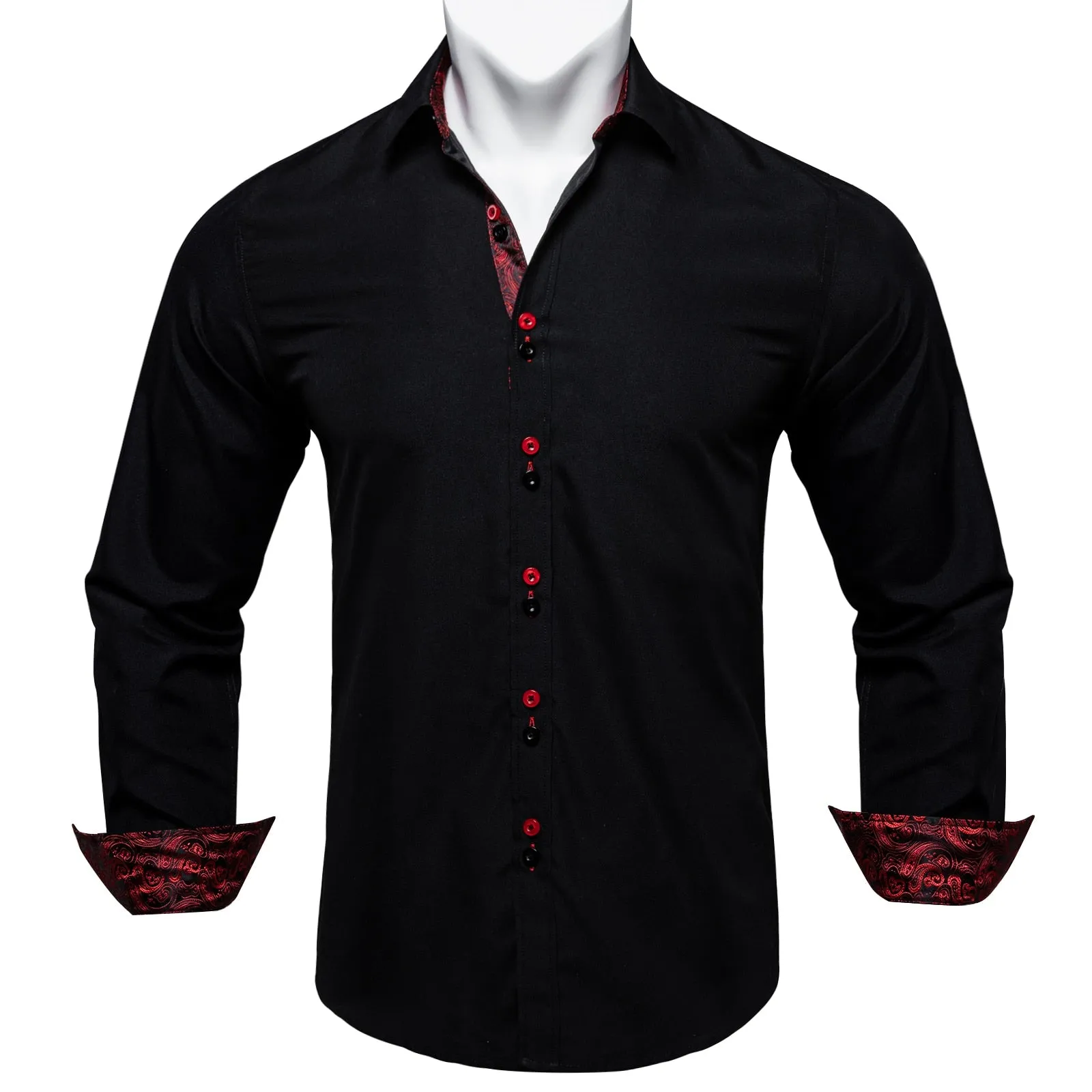 Men's Long Sleeve Cotton Paisley Color Contrast Shirt Regular-fit Button-down Collar Casual Black Shirt