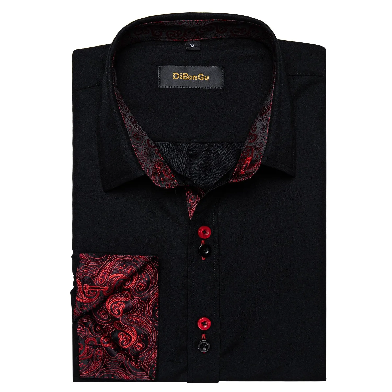 Men's Long Sleeve Cotton Paisley Color Contrast Shirt Regular-fit Button-down Collar Casual Black Shirt