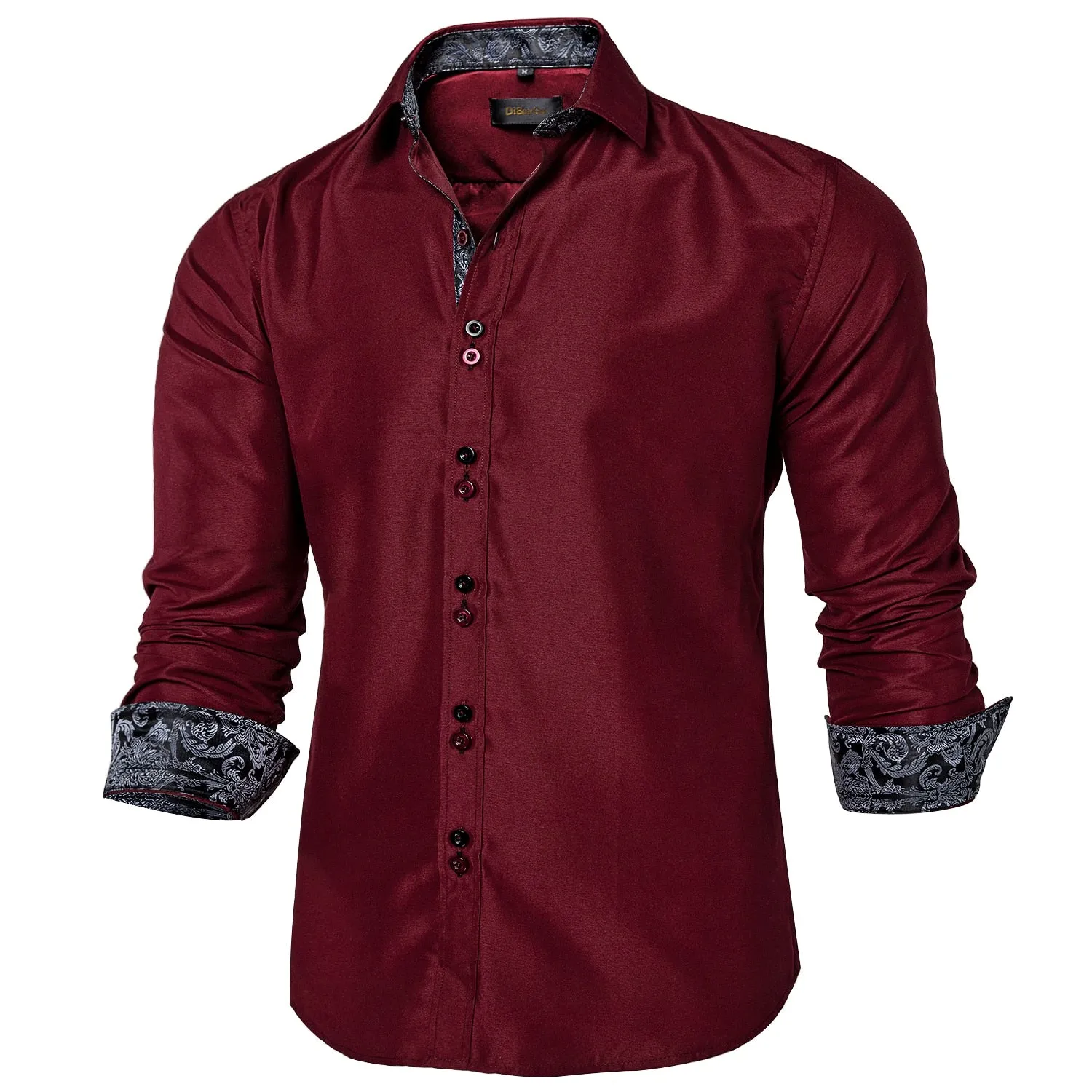 Men's Long Sleeve Cotton Paisley Color Contrast Shirt Regular-fit Button-down Collar Casual Black Shirt