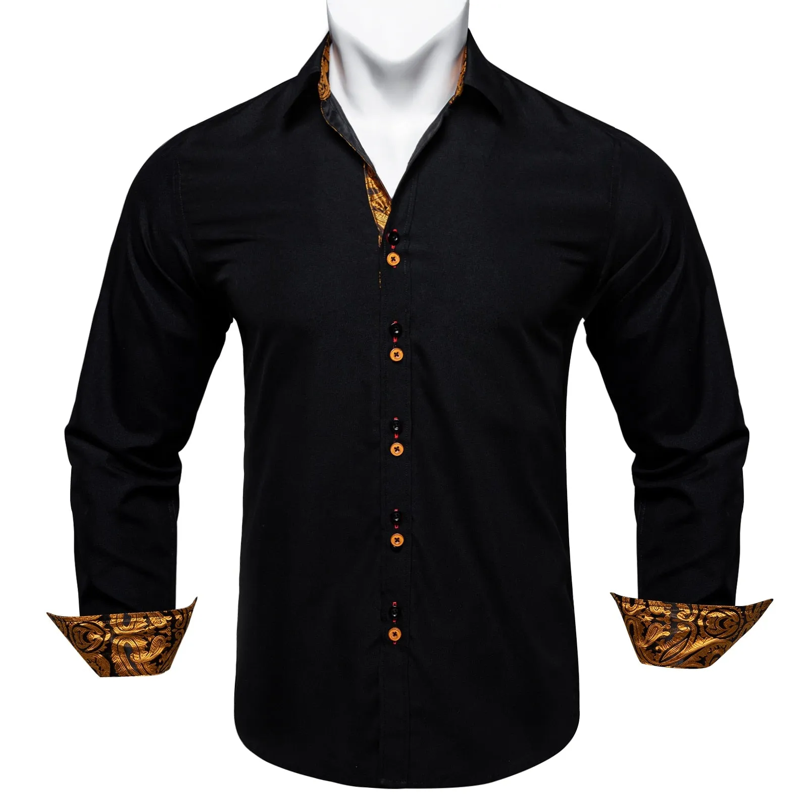 Men's Long Sleeve Cotton Paisley Color Contrast Shirt Regular-fit Button-down Collar Casual Black Shirt