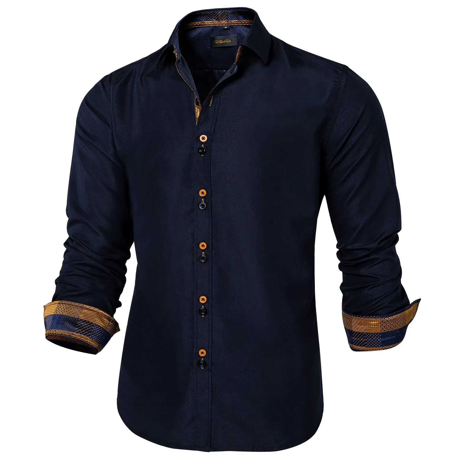 Men's Long Sleeve Cotton Paisley Color Contrast Shirt Regular-fit Button-down Collar Casual Black Shirt