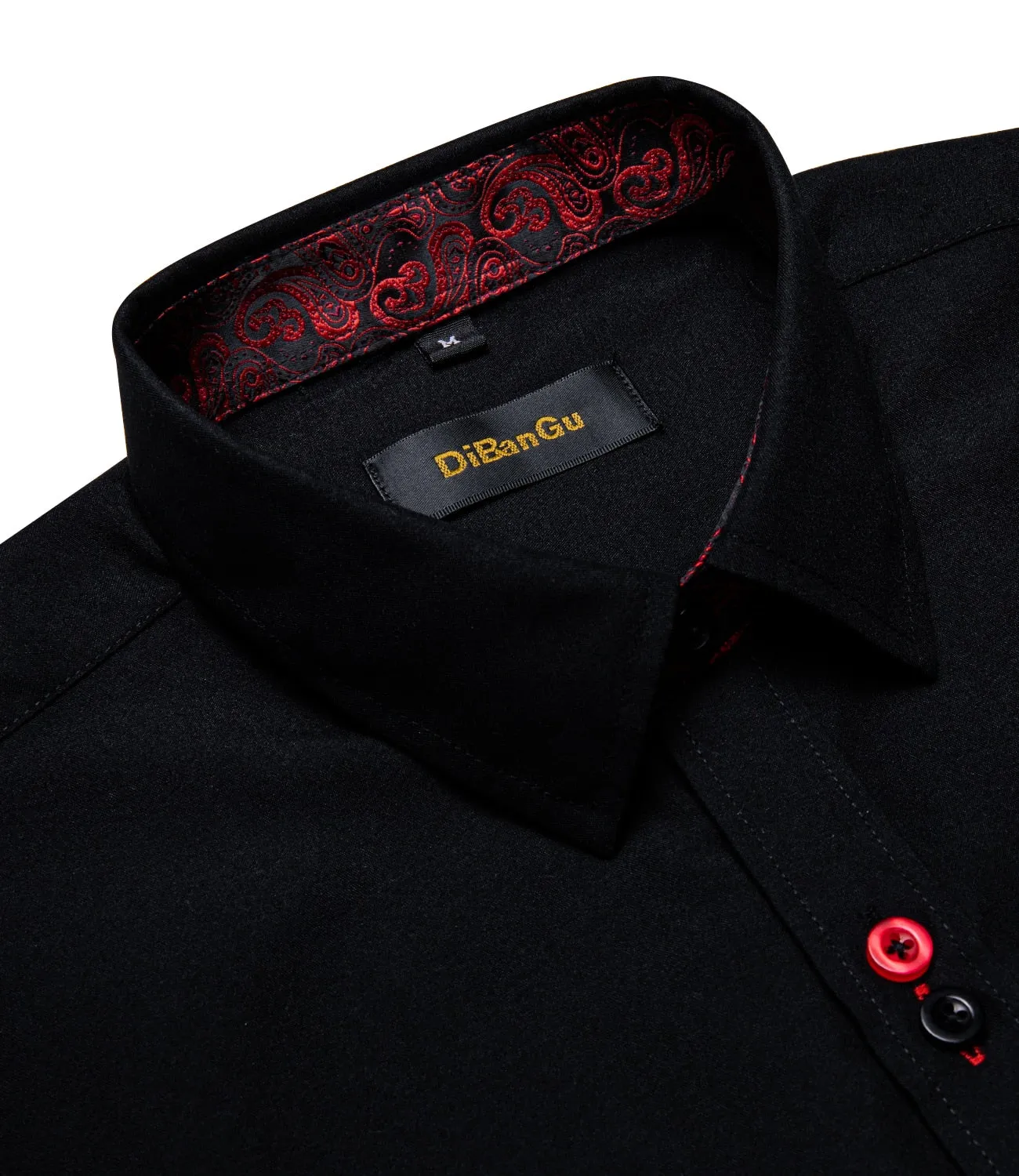 Men's Long Sleeve Cotton Paisley Color Contrast Shirt Regular-fit Button-down Collar Casual Black Shirt