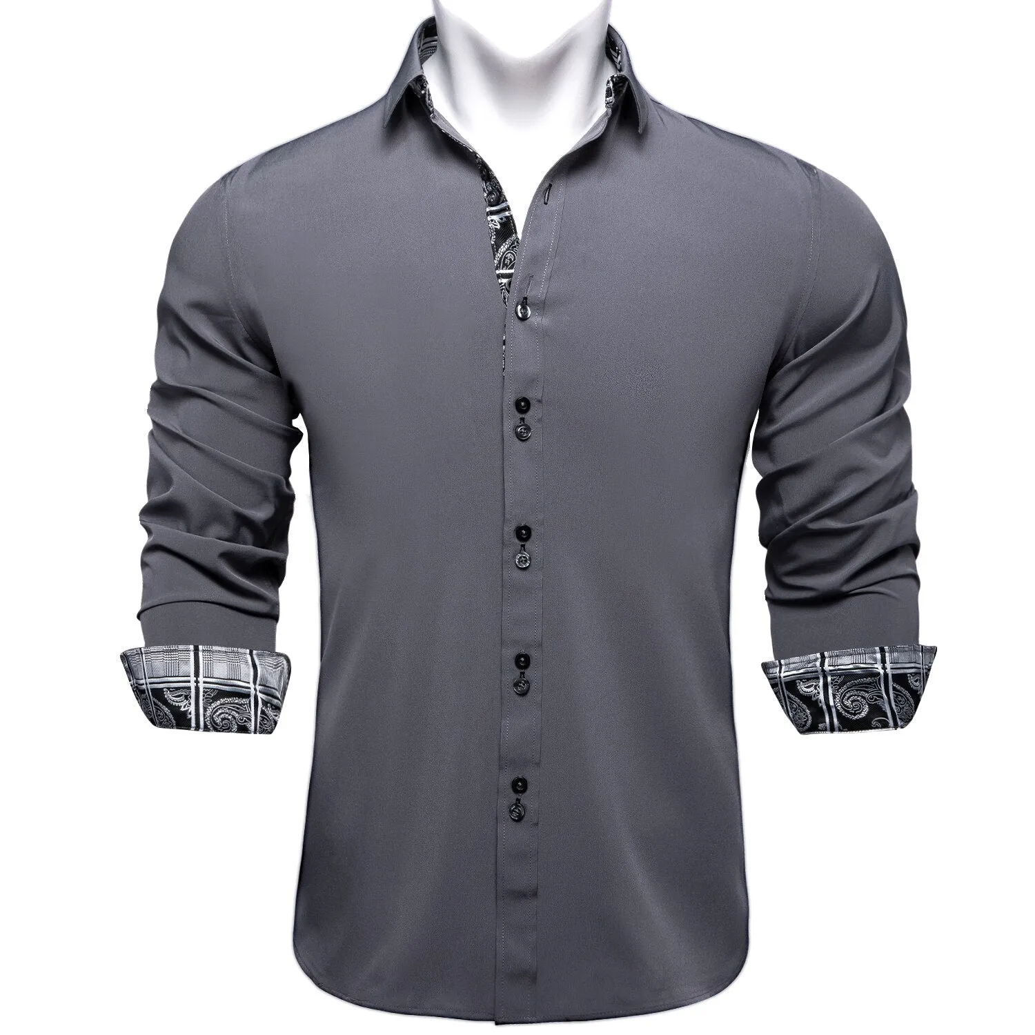 Men's Long Sleeve Cotton Paisley Color Contrast Shirt Regular-fit Button-down Collar Casual Black Shirt