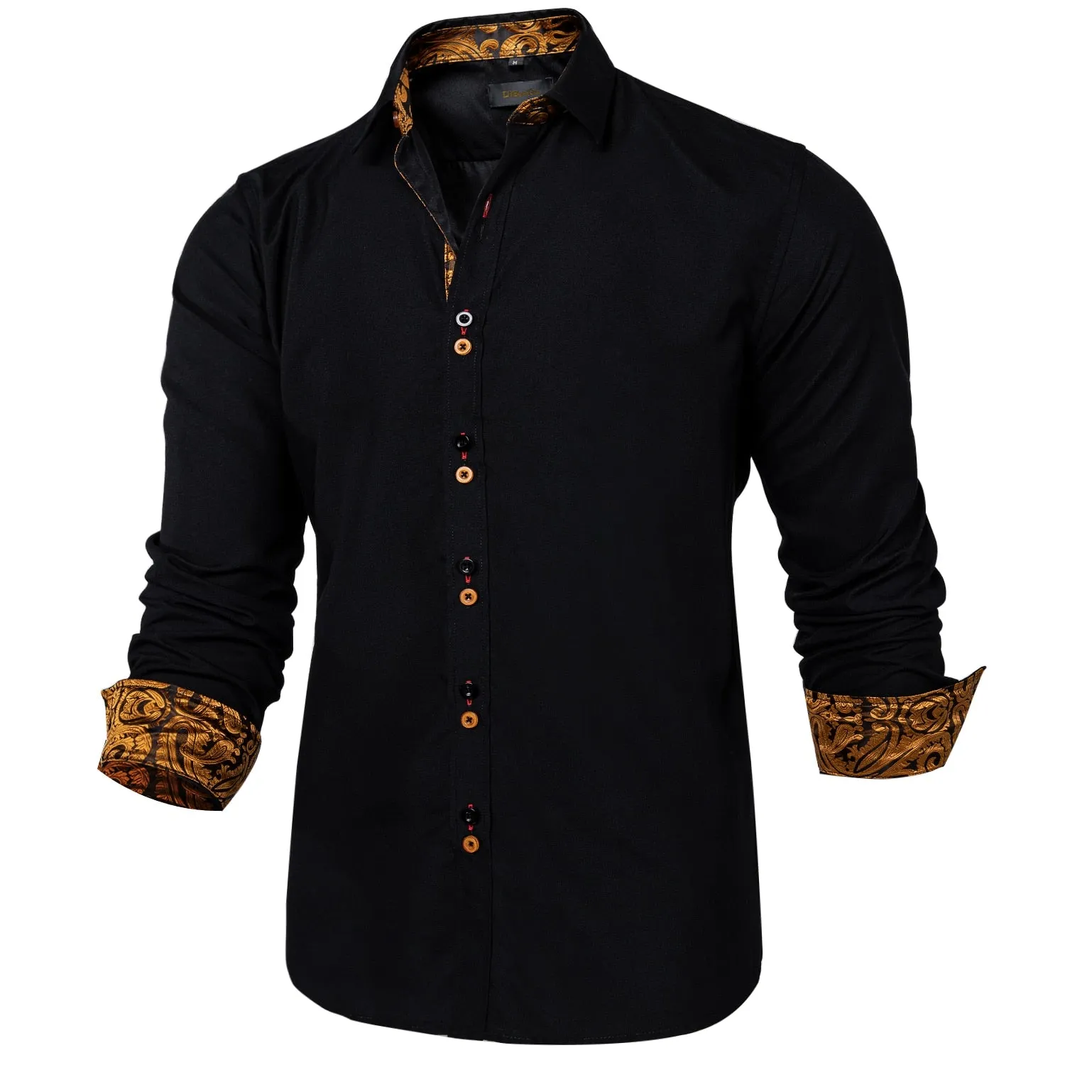 Men's Long Sleeve Cotton Paisley Color Contrast Shirt Regular-fit Button-down Collar Casual Black Shirt