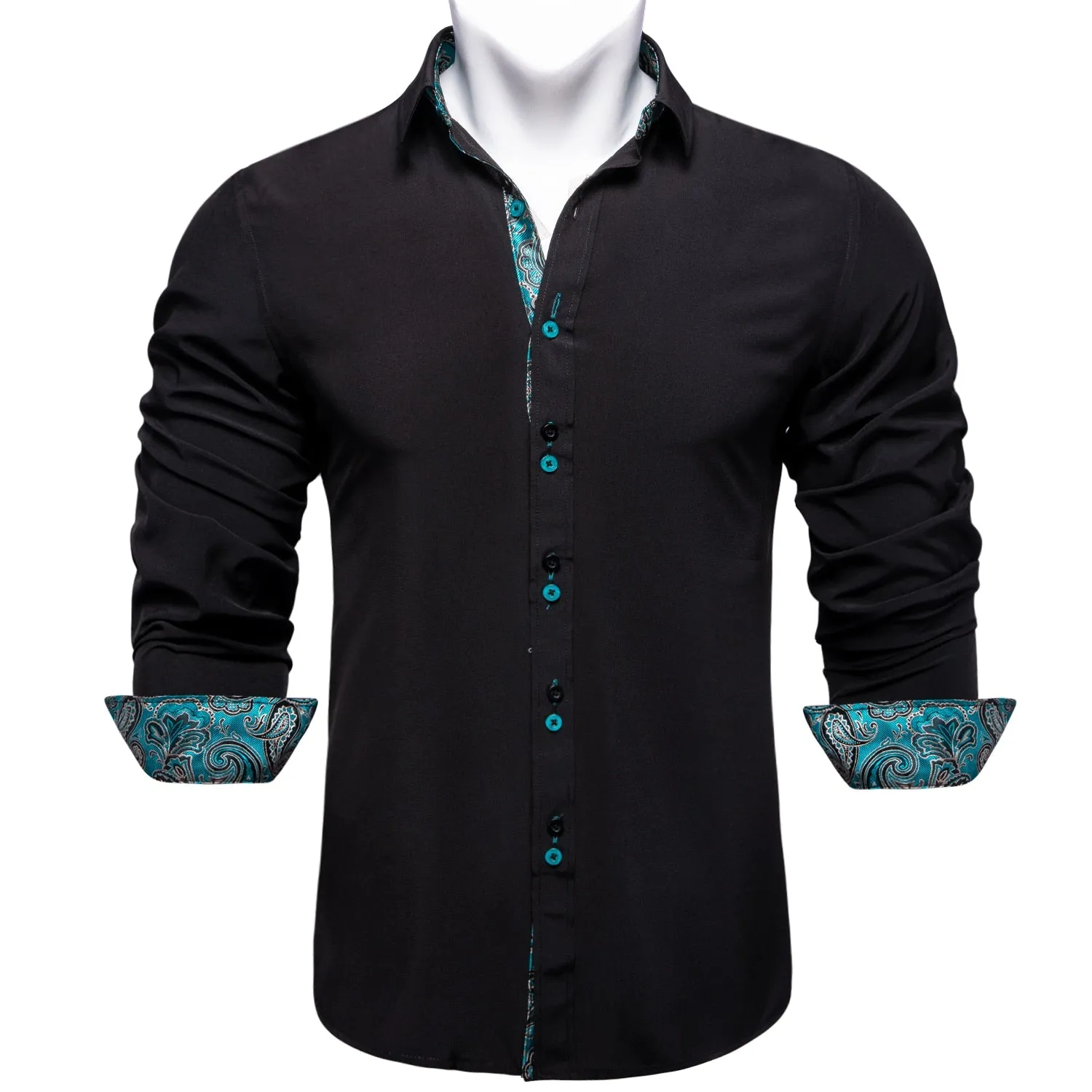 Men's Long Sleeve Cotton Paisley Color Contrast Shirt Regular-fit Button-down Collar Casual Black Shirt