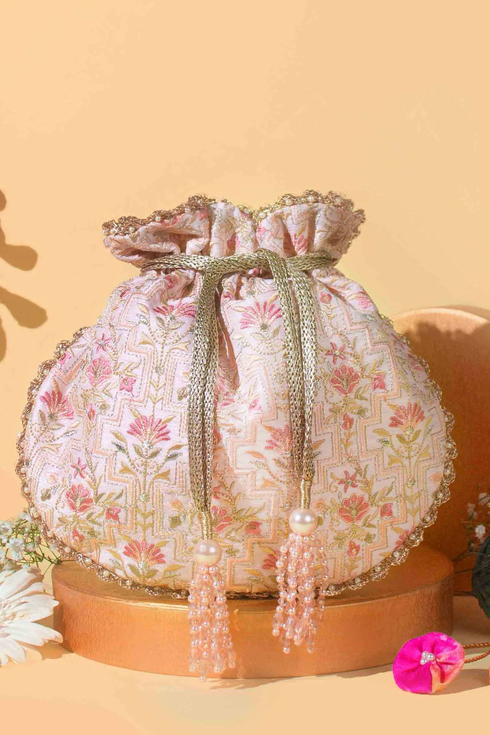 Mogra scallop babypink potli bag