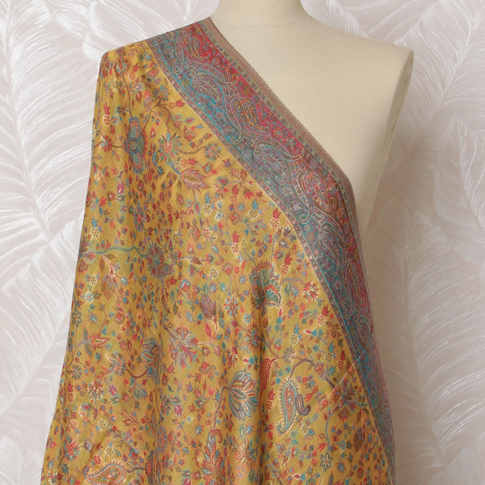 Mustard Yellow Silk Jacquard Dupatta with Multicolor Paisley and Floral Design – 235 X 95 Cms, India-D20313