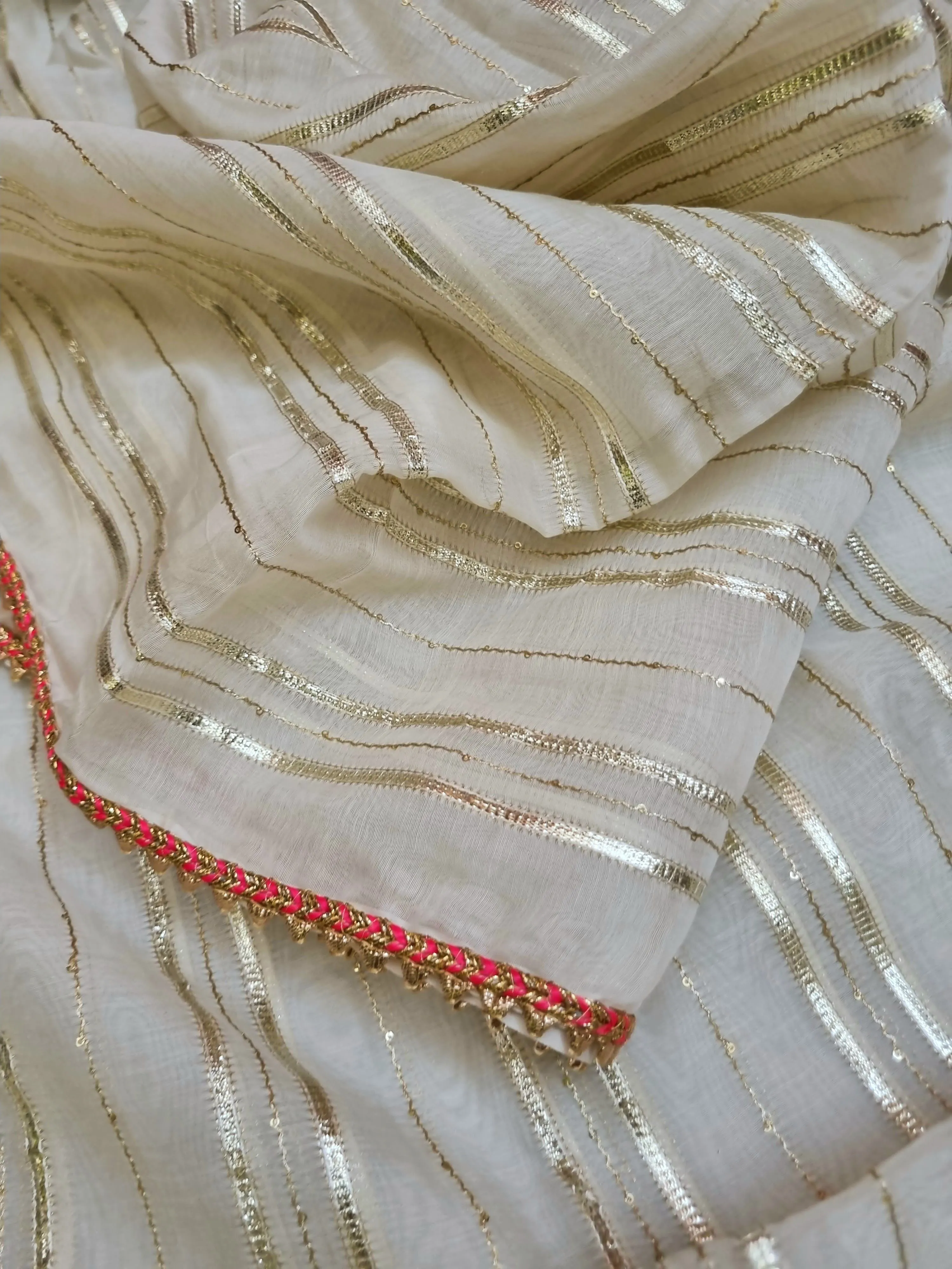 Offwhite Color Organza with Zari Stripe Work and Red Piping Border