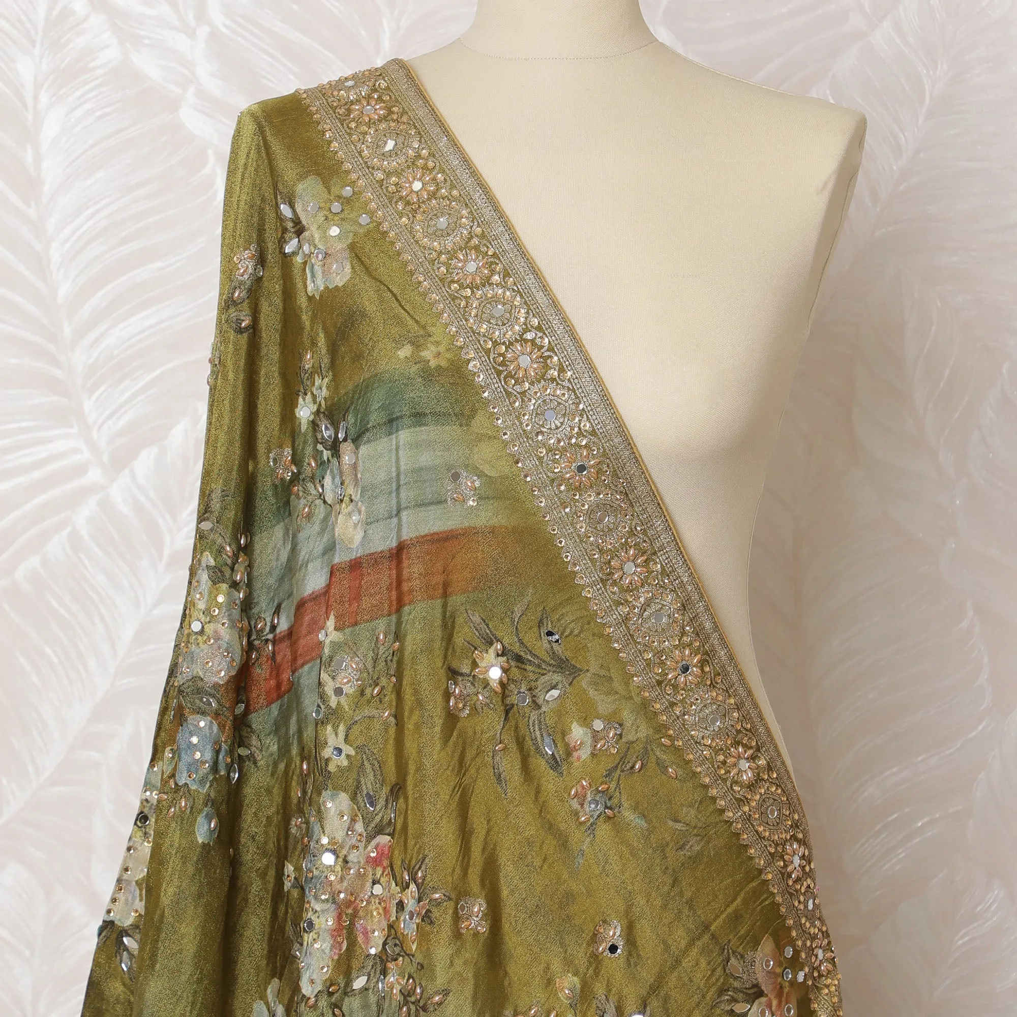 Olive Green Floral and Paisley Synthetic Brocade Premium Dupatta 225x80 cm-D19061