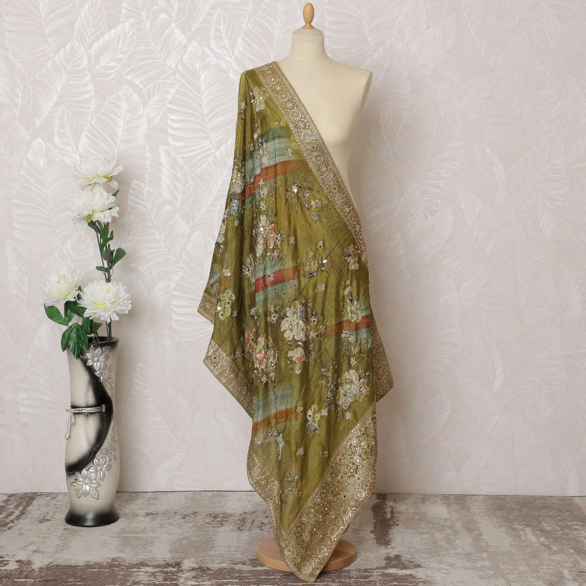 Olive Green Floral and Paisley Synthetic Brocade Premium Dupatta 225x80 cm-D19061