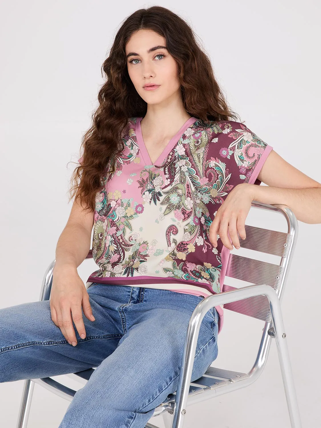 Paisley Print Short Dolman Sleeve Top