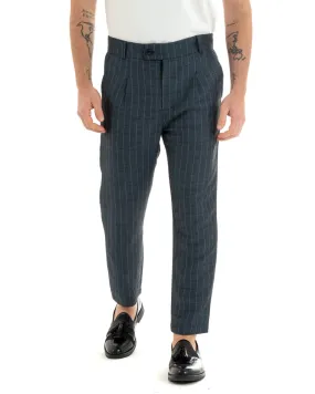 Pantaloni Uomo Lino Abbottonatura Allungata Classico Sartoriale Scozzese Quadretti Blu GIOSAL-P5367A