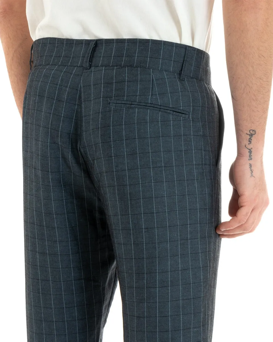 Pantaloni Uomo Lino Abbottonatura Allungata Classico Sartoriale Scozzese Quadretti Blu GIOSAL-P5367A