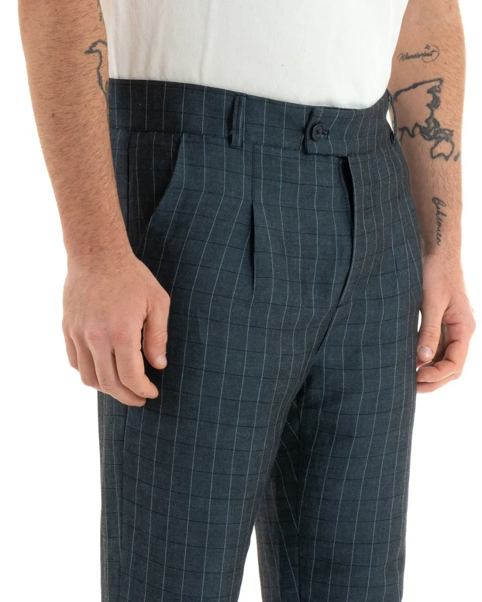 Pantaloni Uomo Lino Abbottonatura Allungata Classico Sartoriale Scozzese Quadretti Blu GIOSAL-P5367A