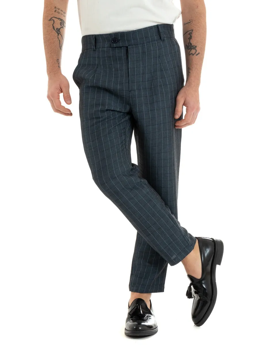 Pantaloni Uomo Lino Abbottonatura Allungata Classico Sartoriale Scozzese Quadretti Blu GIOSAL-P5367A