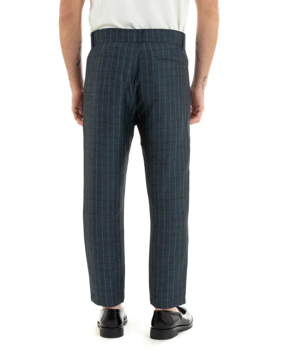 Pantaloni Uomo Lino Abbottonatura Allungata Classico Sartoriale Scozzese Quadretti Blu GIOSAL-P5367A