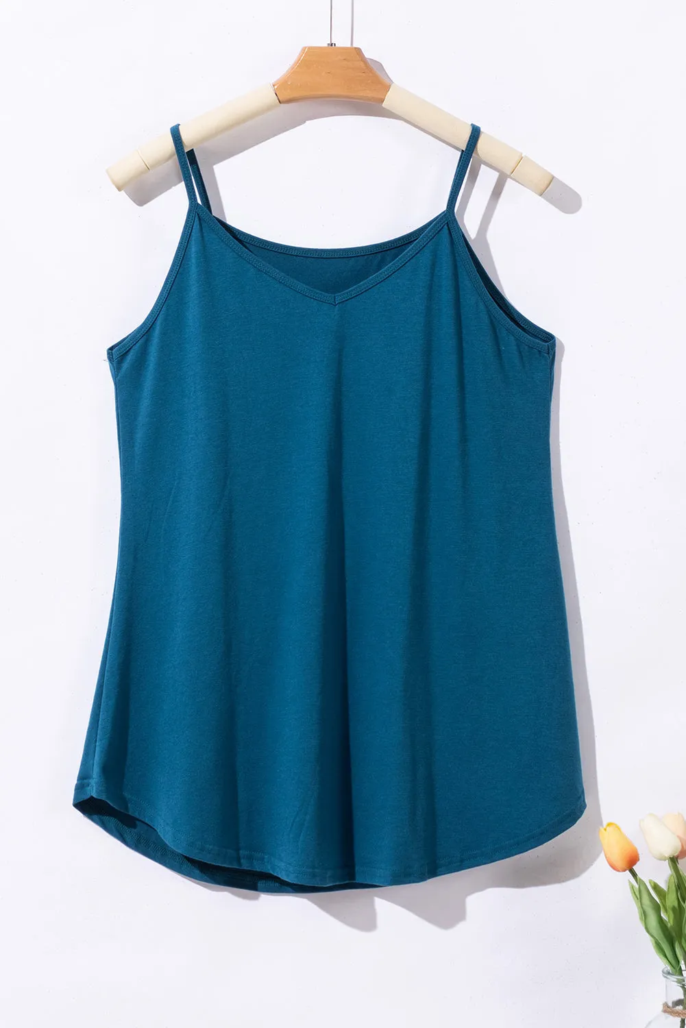 Peacock Blue Spaghetti Strap V-Neck Flowy Tunic Tank Top