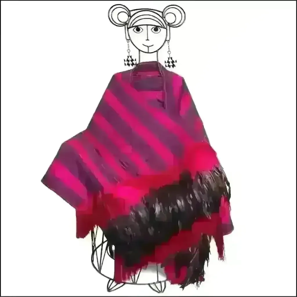 Pink/black stripe Purepecha rebozo with fringe and feather