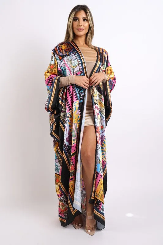 Printed satin maxi kimono