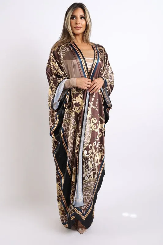 Printed satin maxi kimono