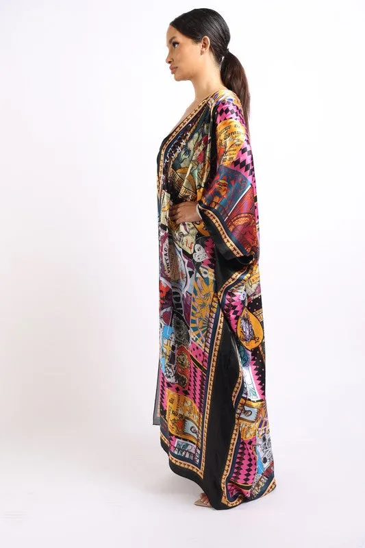 Printed satin maxi kimono