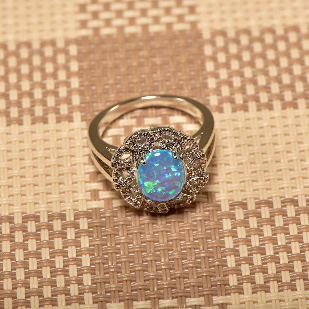 Quality Fancy Blue Fire Opal White Crystal Ring - 925 Sterling Silver