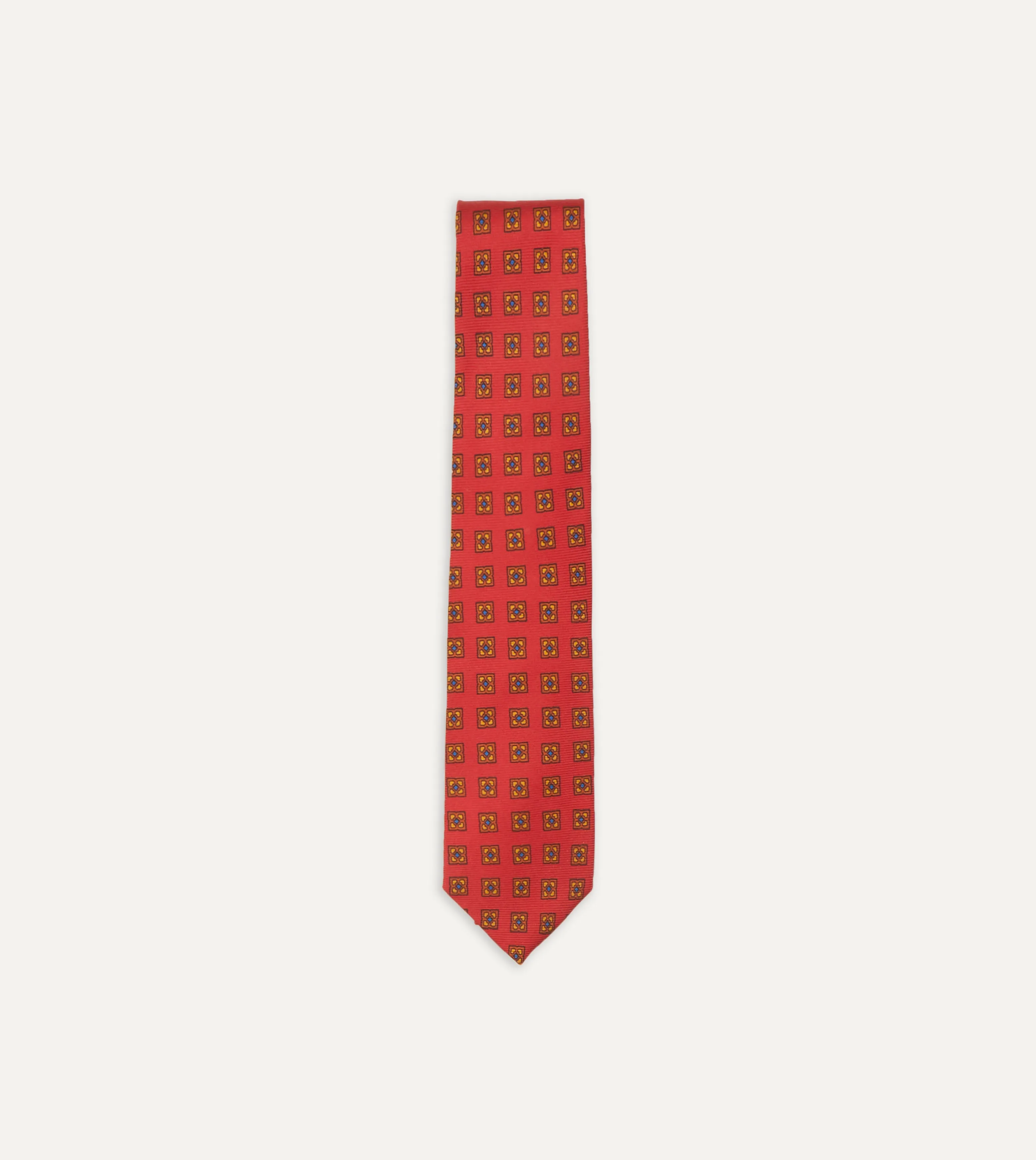 Red and Green Diamond Medallion Print Madder Twill Silk Tie