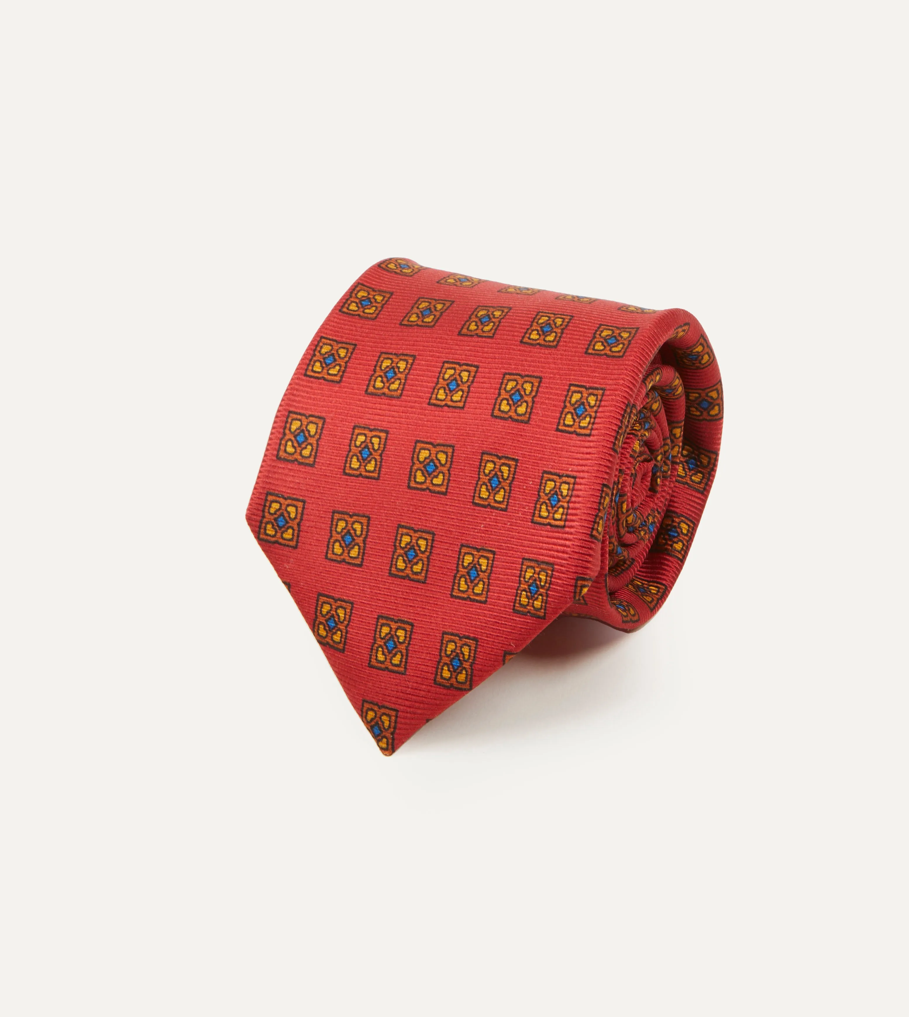 Red and Green Diamond Medallion Print Madder Twill Silk Tie