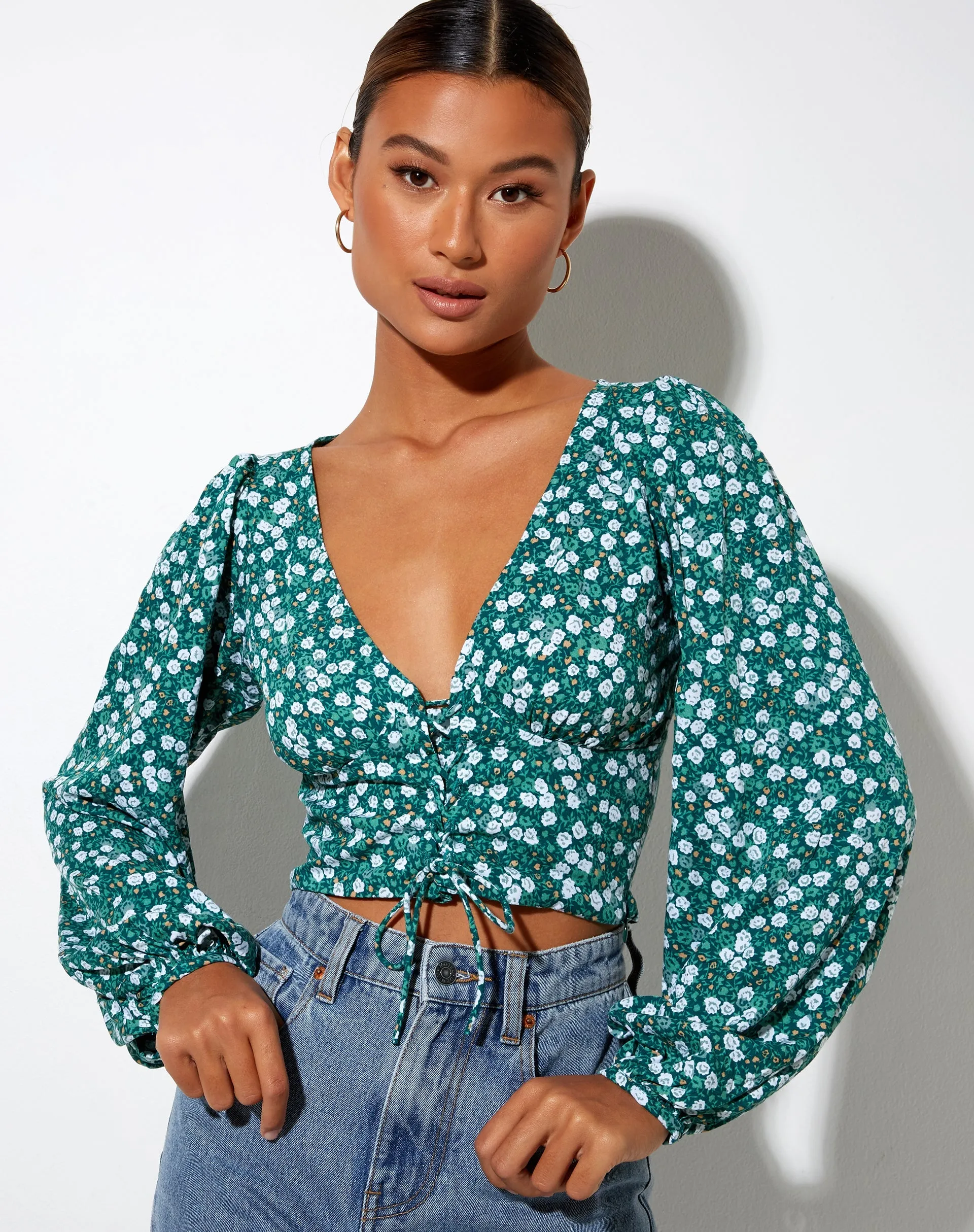 Romina Long Sleeve Top in Floral Field Green