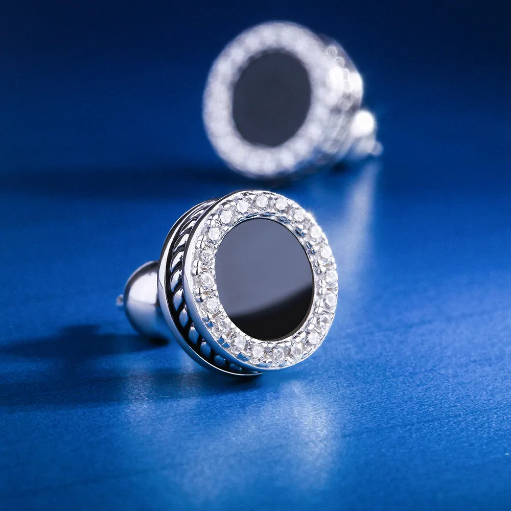 Round Black Onyx Diamond Stud Earrings for Men KRKC