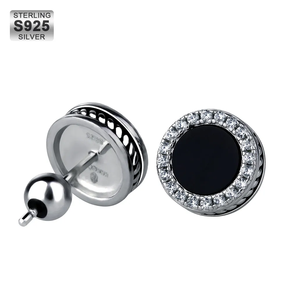 Round Black Onyx Diamond Stud Earrings for Men KRKC