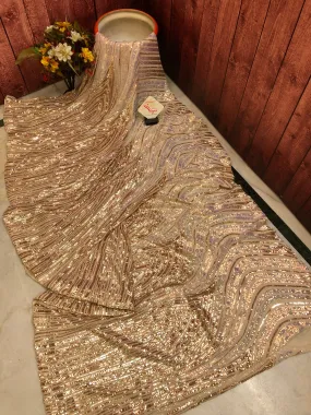 Shimmer Golden Color Designer Net Saree with Sequin Work