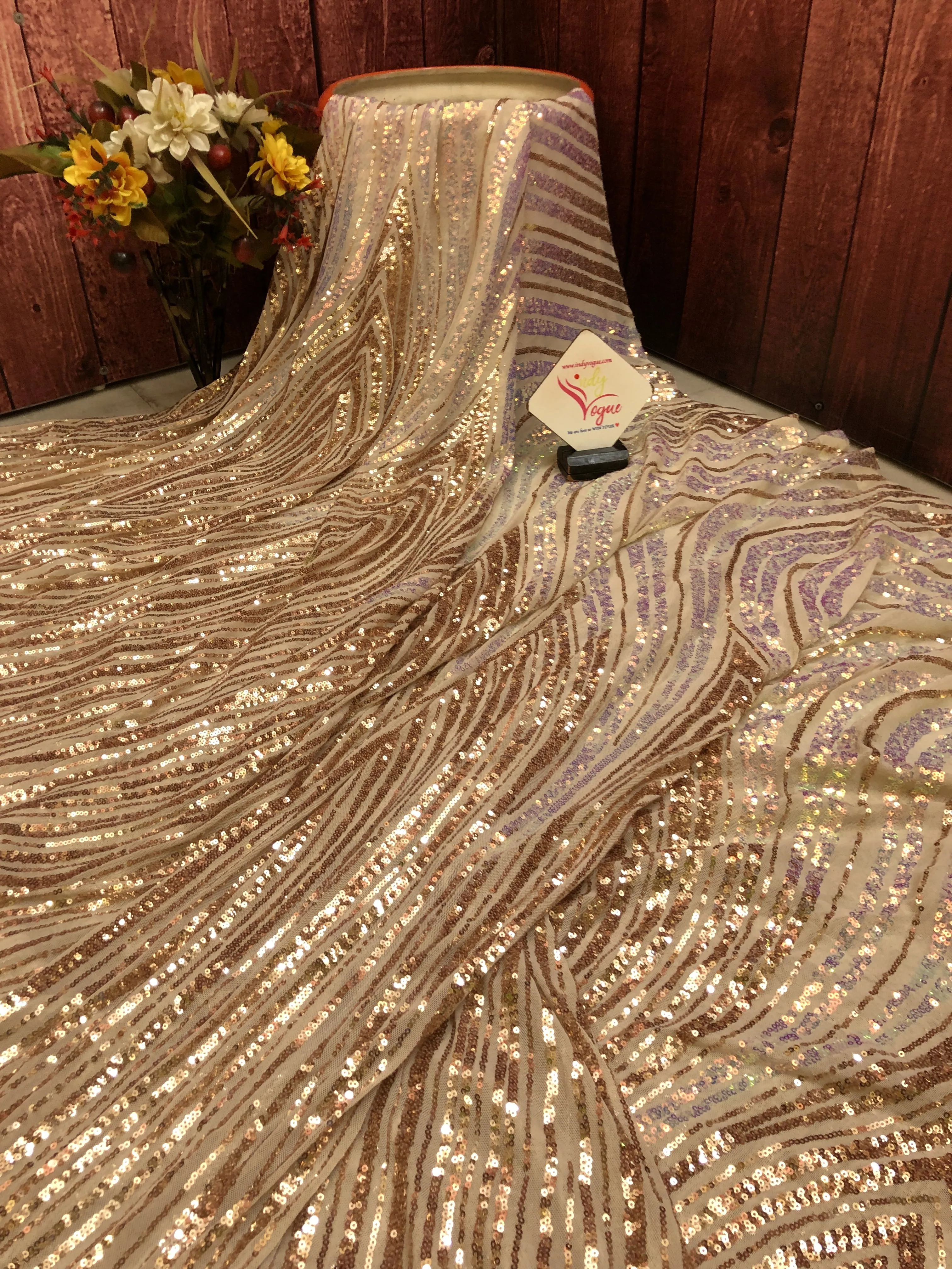 Shimmer Golden Color Designer Net Saree with Sequin Work