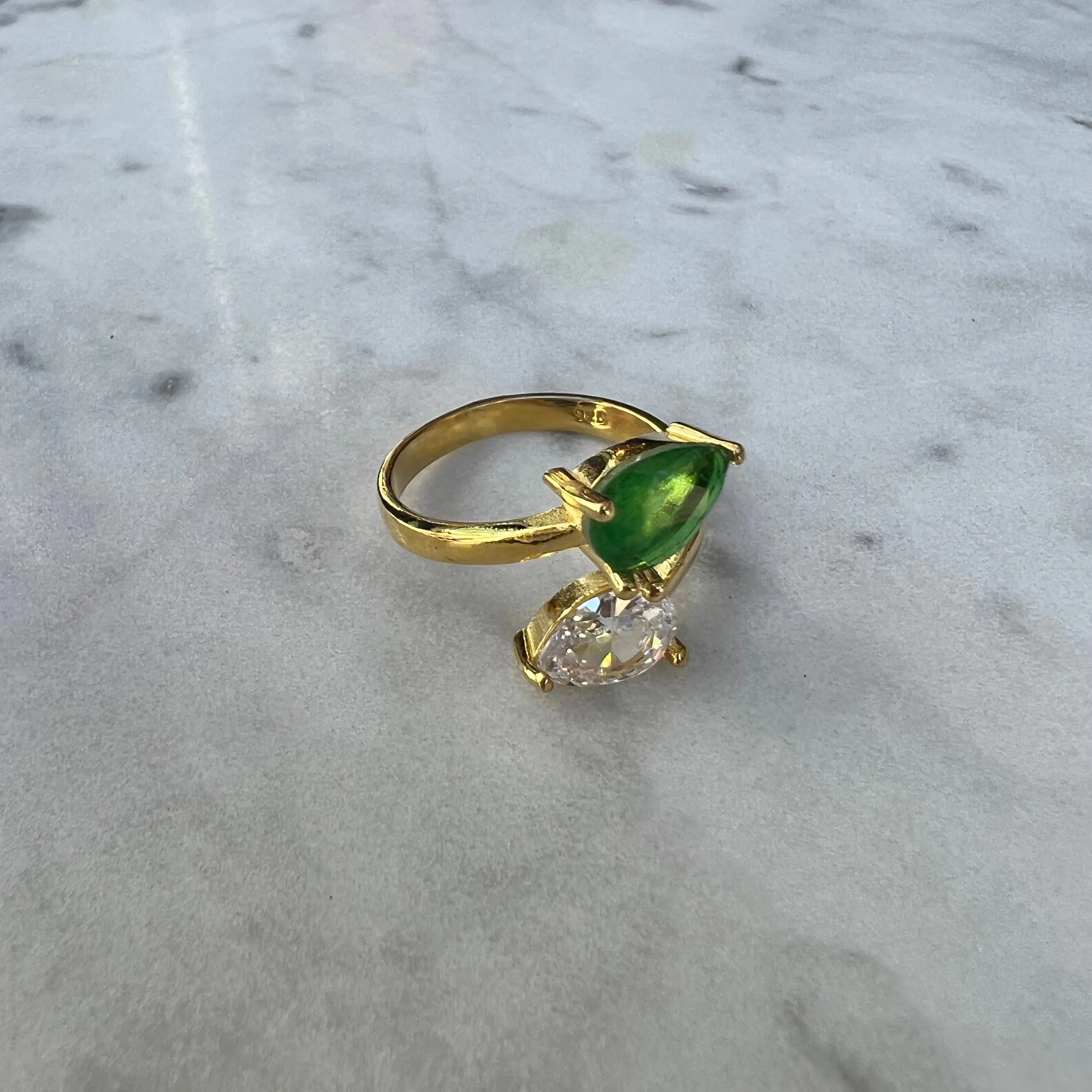 Silver gold plated pear & cz emerald ring