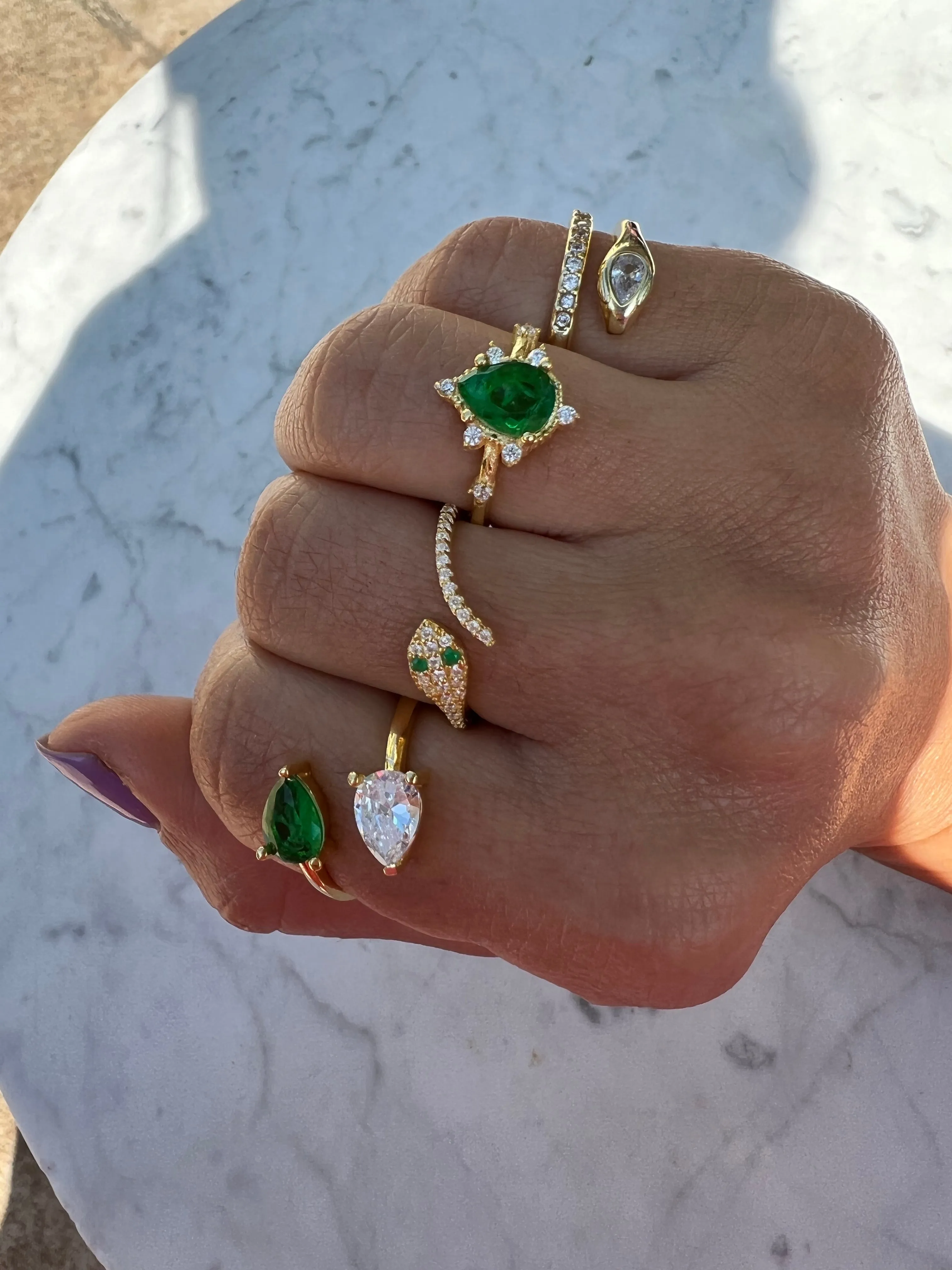 Silver gold plated pear & cz emerald ring