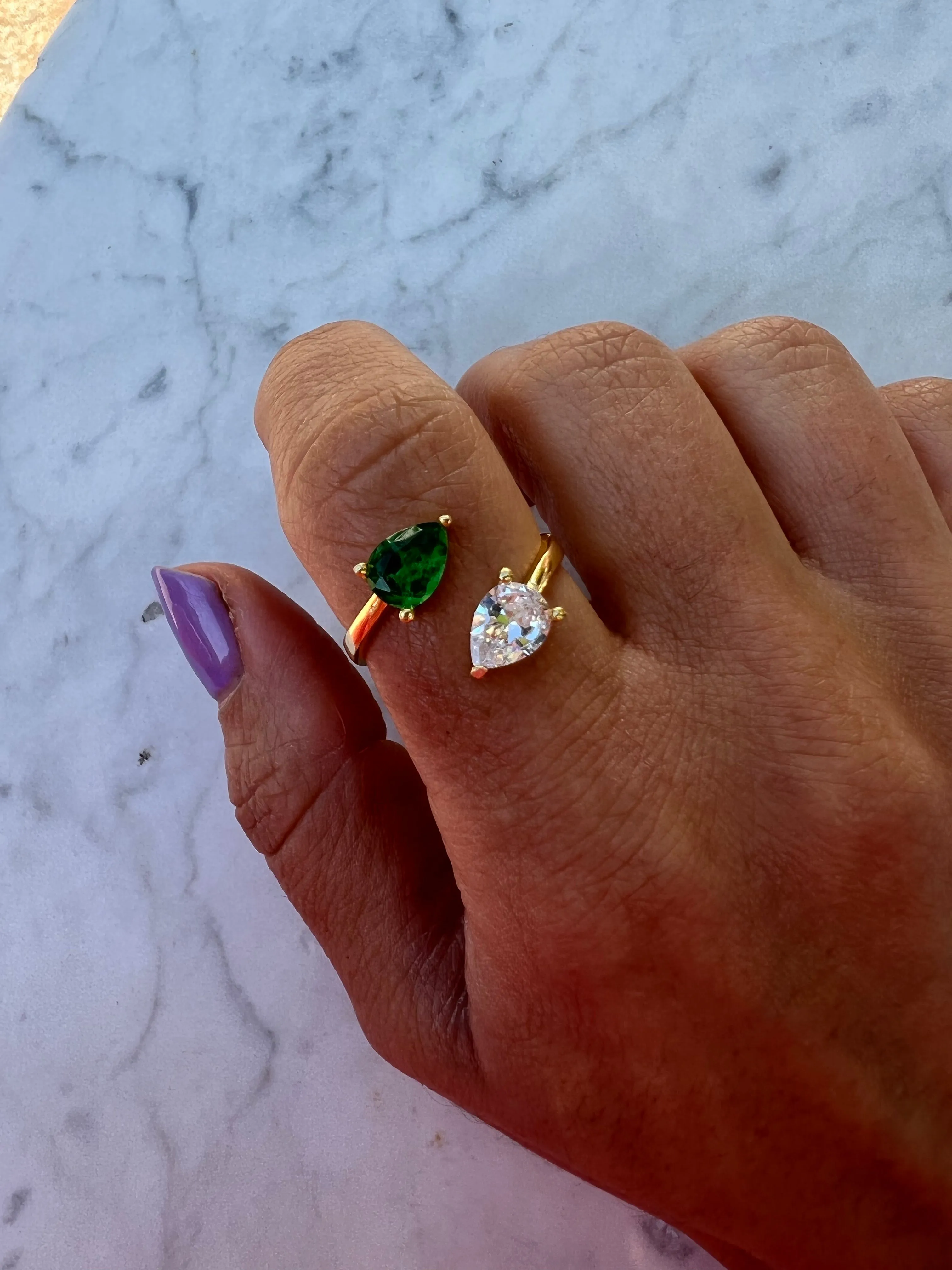 Silver gold plated pear & cz emerald ring