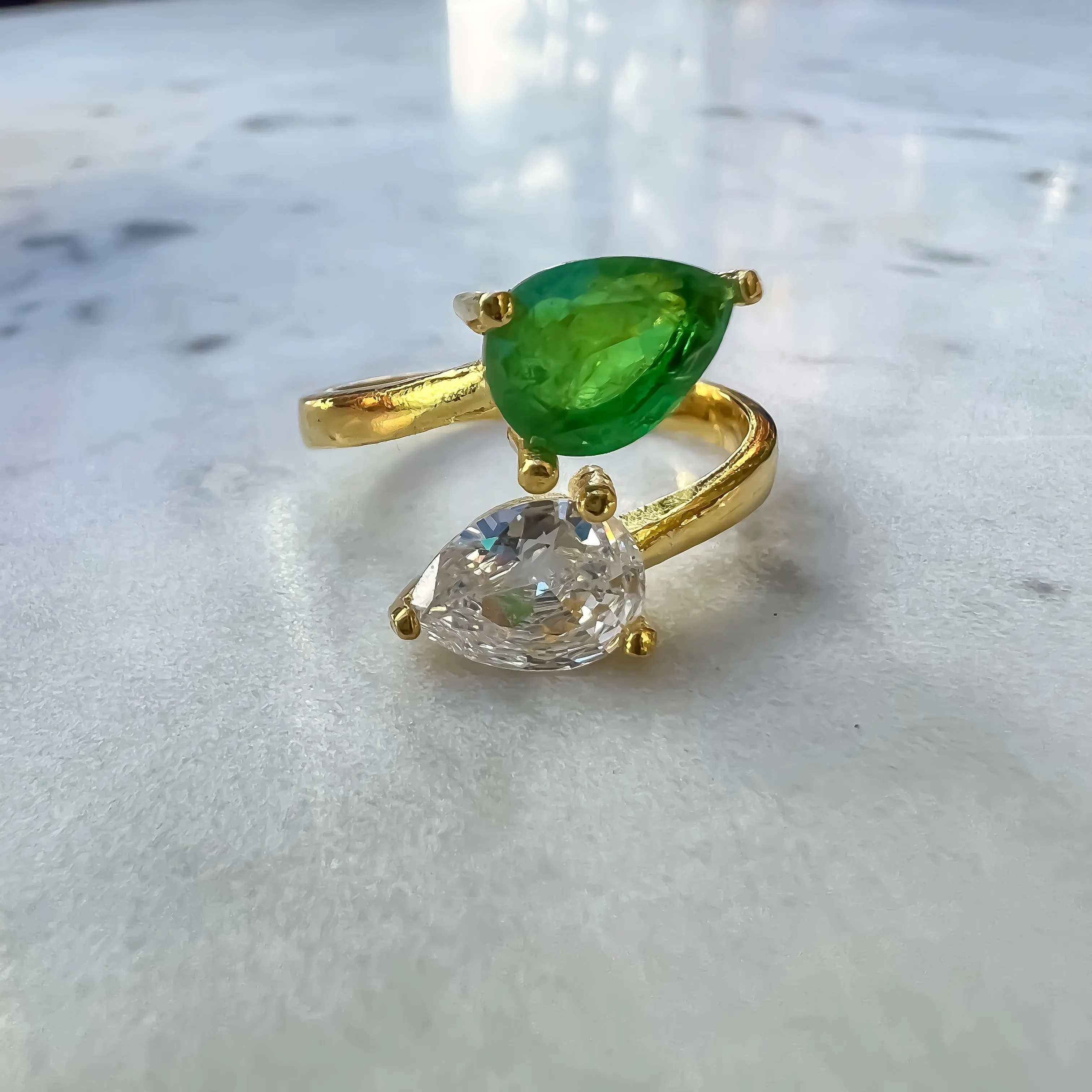 Silver gold plated pear & cz emerald ring