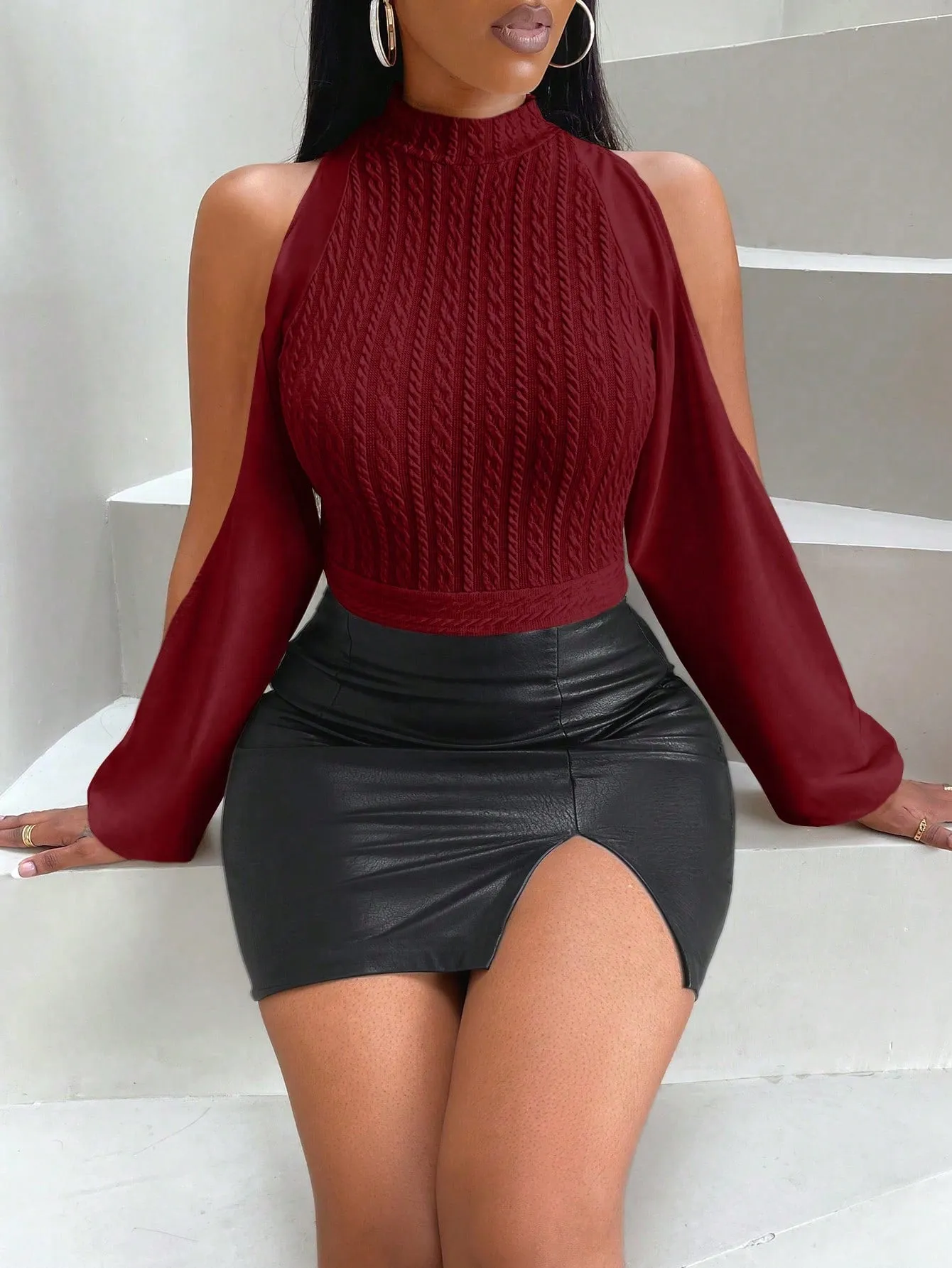 Solid Split Sleeve Crop Top