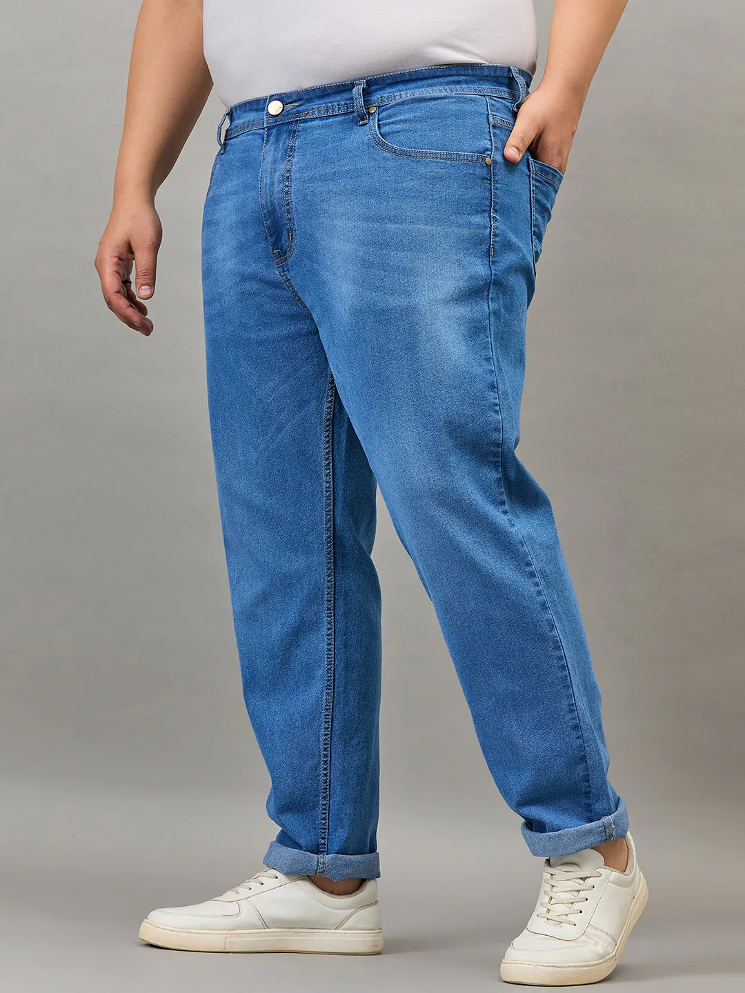 Style Quotient Men Plus Size Mid Blue Tapered Fit Mid Rise Stretchable Jeans