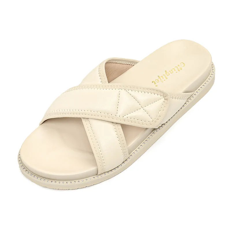 Summer Retro Soft Leather Velcro Tape Slippers For Women