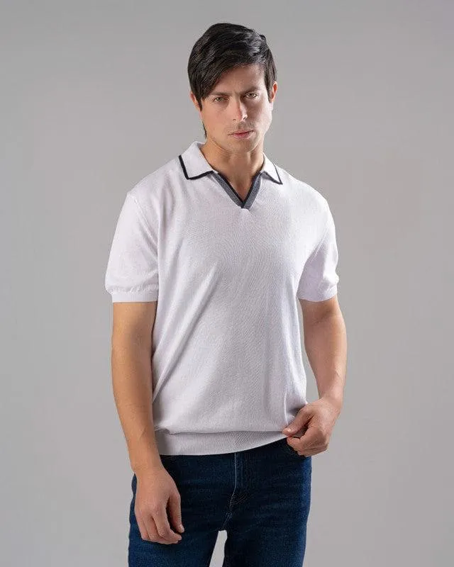 V-NECK KNIT POLO SHIRT  -WHITE